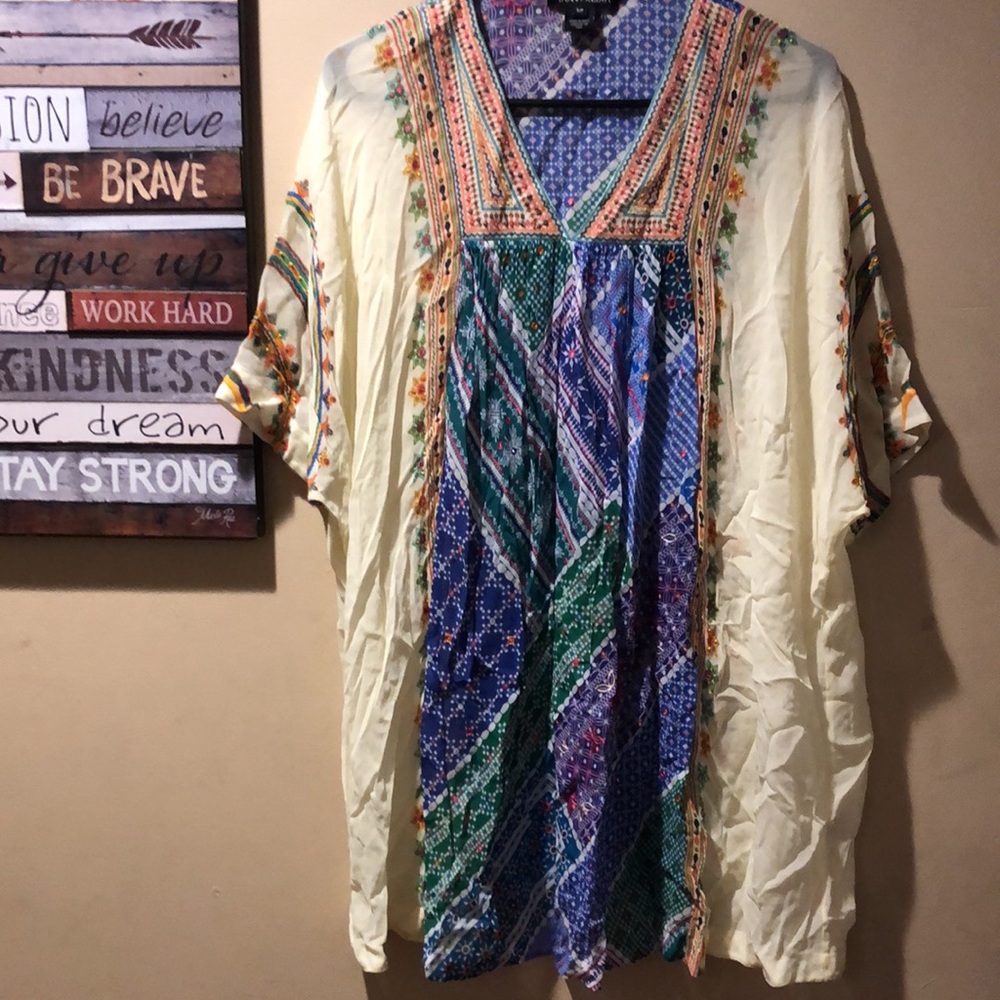 Anthropologie Cream Tunic with Blue and Green Patterned Front